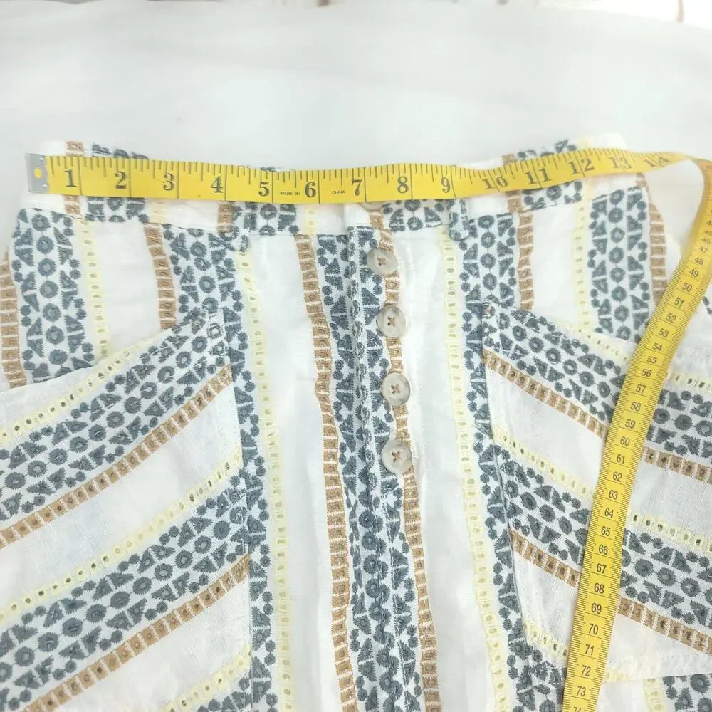 Anthropologie Cream Blue Striped Pockets Buttons Size 4 Pencil Skirt